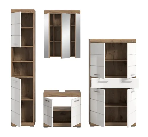 Badezimmer-Set Wave | weiß Hochglanz / Nox Oak | 4-teilig | mit Aufsatzleuchte