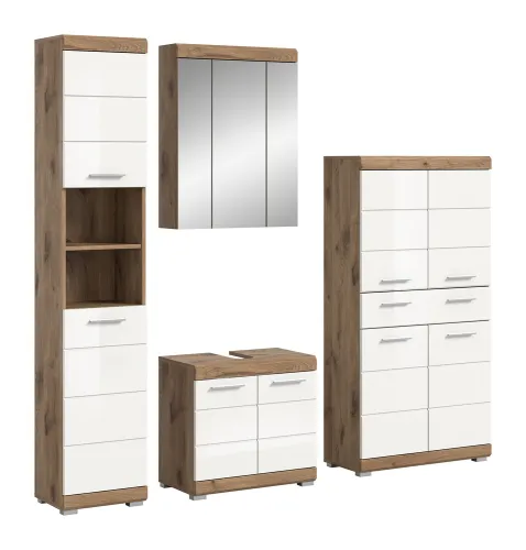 Badezimmer-Set Wave | weiß Hochglanz / Nox Oak | 4-teilig | ohne Aufsatzleuchte