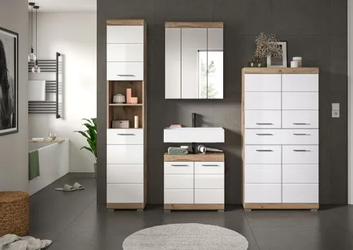 Badezimmer-Set Wave | weiß Hochglanz / Nox Oak | 4-teilig | optional Beleuchtung