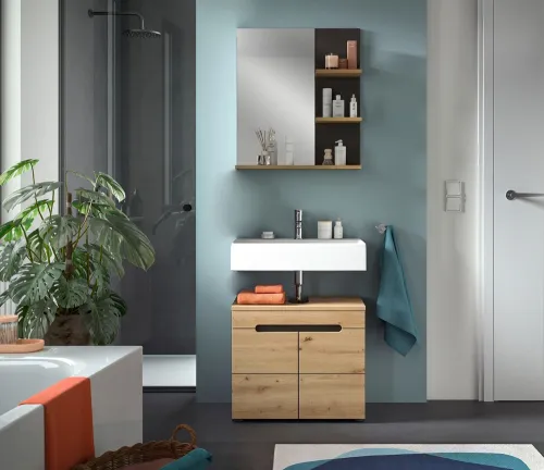 Badezimmer Spiegel Canu | Artisan Eiche / Basalt grau | mit Aufsatzleuchte