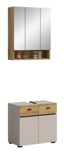 Badkombination Bad Set Aqua | 2-teilig | Kaschmir / Evoke Oak mit Aufsatzleuchte