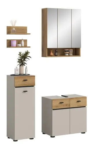 Badkombination Bad Set Aqua | 4-teilig | Kaschmir / Evoke Oak mit Aufsatzleuchte