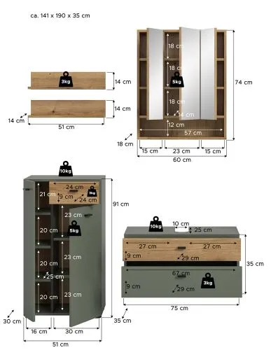 Badkombination Bad Set Aqua | 4-teilig | Sage Green / Evoke Oak