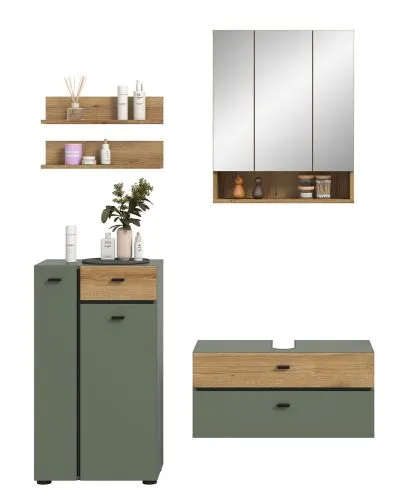 Badkombination Bad Set Aqua | 4-teilig | Sage Green / Evoke Oak mit Aufsatzleuchte