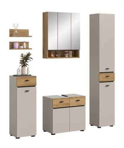 Badkombination Bad Set Aqua | 5-teilig | Kaschmir / Evoke Oak mit Aufsatzleuchte