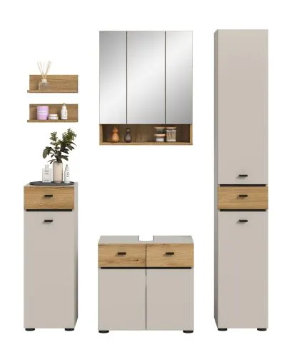 Badkombination Bad Set Aqua | 5-teilig | Kaschmir / Evoke Oak mit Aufsatzleuchte