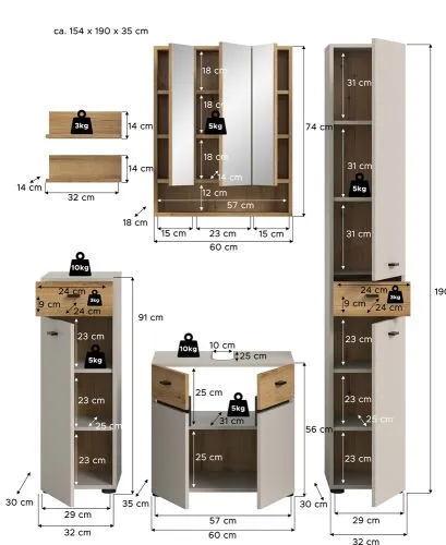 Badkombination Bad Set Aqua | 5-teilig | Kaschmir / Evoke Oak mit Aufsatzleuchte