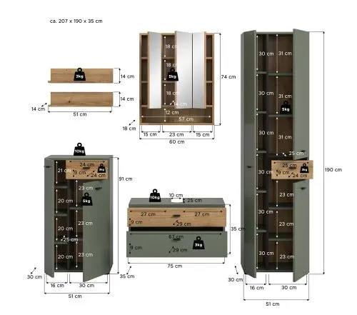 Badkombination Bad Set Aqua | 5-teilig | Sage Green / Evoke Oak ohne