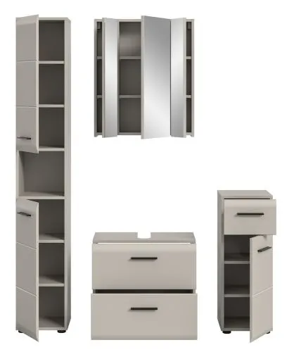 Badkombination Bad Set Ice 2, 4-teilig, im Bad, Waschtisch mit Unterschrank, Spiegelschrank, Hochschrank und Seitenschrank – Ansicht 3