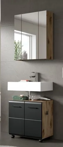 Badkombination Bad Set Ice auf Rollen | 2-teilig | Nox Oak / schwarz mit Aufsatzleuchte