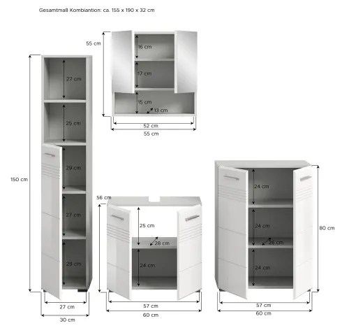 Badkombination Copa | 4-teilig | grau / weiß Hochglanz mit Aufsatzleuchte