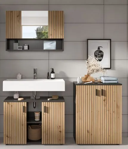 Badkombination Mone 1 | 3-teilig | Basalt grau / Artisan Oak