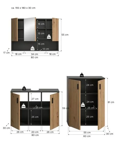 Badkombination Mone 1 | 3-teilig | Basalt grau / Artisan Oak