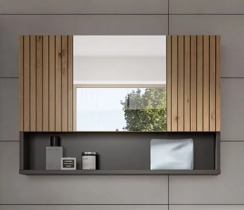 Badkombination Mone | 4-teilig | Basalt grau / Artisan Oak mit Aufsatzleuchte