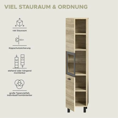 Badschrank Boston | mit Glastür | Eiche Sonoma | ohne Glasbodenclip