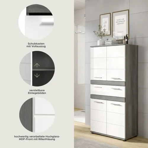 Badschrank Schrank Blake 1 | weiß Hochglanz / Rauchsilber