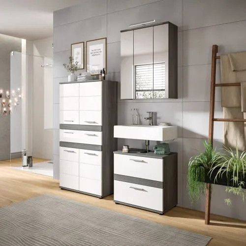 Badschrank Schrank Blake 1 | weiß Hochglanz / Rauchsilber