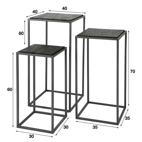 Blumentisch Set Ninaka | 3-teilig | Teakholz | 60/70/80 cm hoch | schwarz