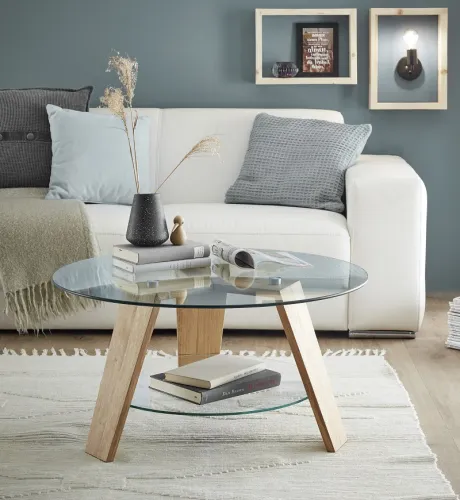 Couchtisch Lublin rund mit Glasplatte | Ø75 | Eiche massiv | Eichefarben