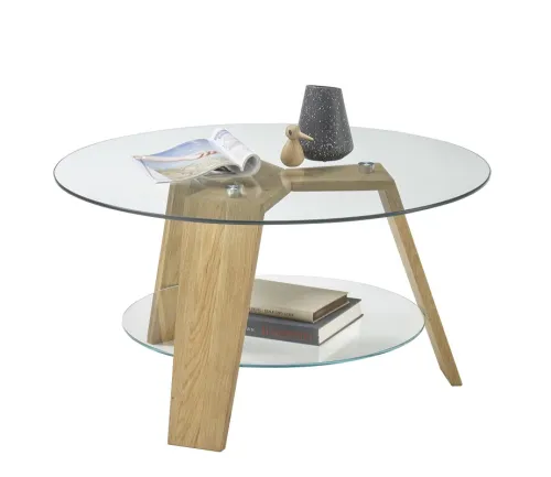 Couchtisch Lublin rund mit Glasplatte | Ø75 | Eiche massiv | Eichefarben
