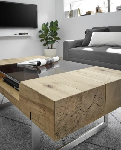 Couchtisch Rewa | Asteiche | mit Glasplatte | 110x60 | Eichefarben / grau