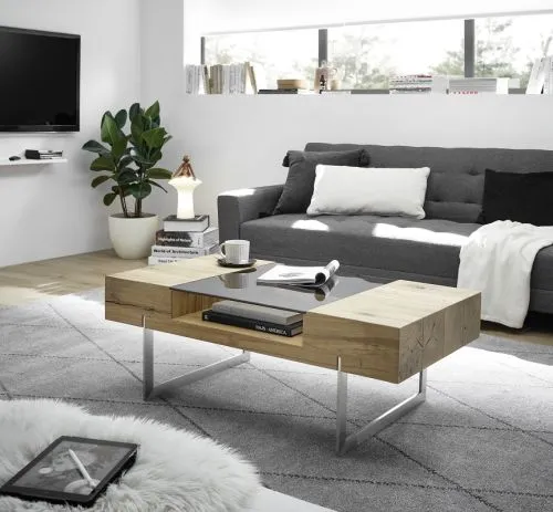 Couchtisch Rewa | Asteiche | mit Glasplatte | 110x60 | Eichefarben / grau
