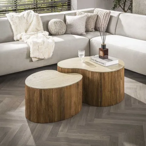 Couchtisch Set Beleto | nierenförmig | 2-teilig | Mangoholz massiv | sandfarbe