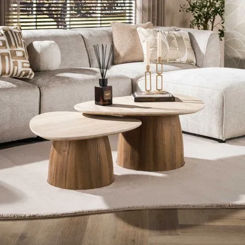 Couchtisch Set Homa | 2-teilig | Keramik Travertin | creme-beige