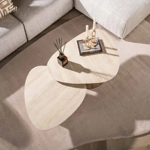 Couchtisch Set Homa | 2-teilig | Keramik Travertin | creme-beige