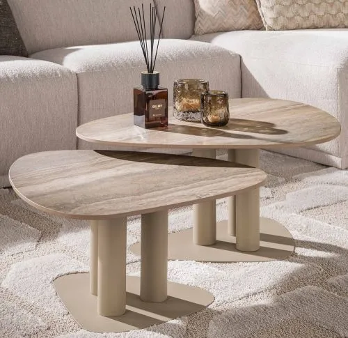 Couchtisch Set Hulpe 2-teilig, dreieckig, 3D Keramik Travertin, Sand