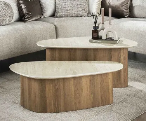 Couchtisch Set Lunge 2 | 2-teilig | Keramik Travertin | Naturfarben