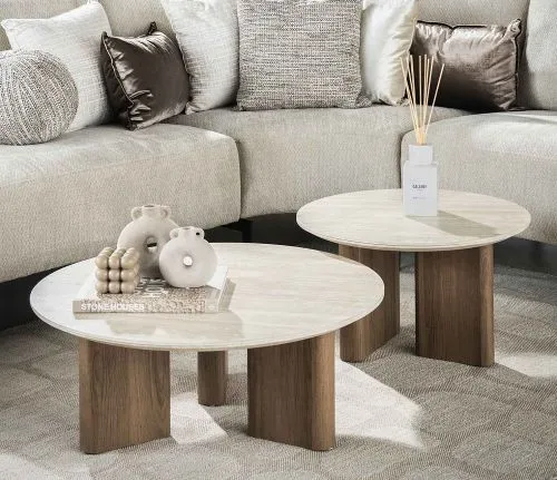 Couchtisch Set Lunge | 2-teilig | Keramik Travertin | Naturfarben