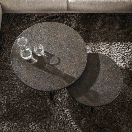 Couchtisch Set Ryusei | rund | 2-teilig | flüssiges Metall | Ferro metallic