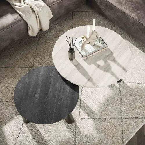 Couchtisch Set Tupi | 2-teilig | rund | Keramik Travertin | schwarz & grau