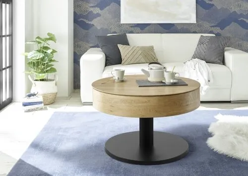Couchtisch Tanger mit Lift | rund | Ø75 | Asteiche / schwarz | auf Rollen