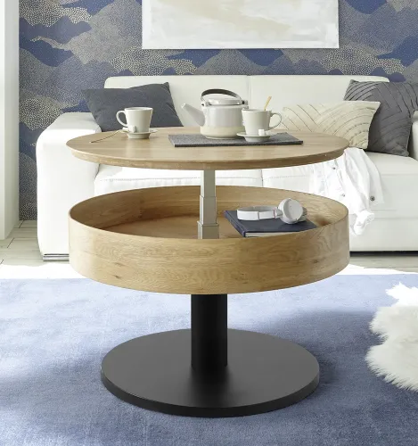 Couchtisch Tanger mit Lift | rund | Ø75 | Asteiche / schwarz | auf Rollen