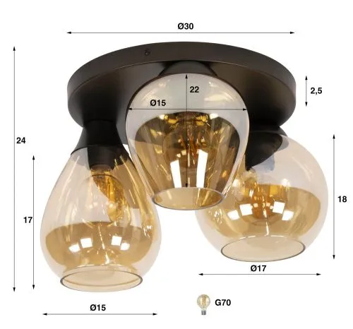 Deckenleuchte Aviora | 3 Leuchten | Amberfarbenes Glas