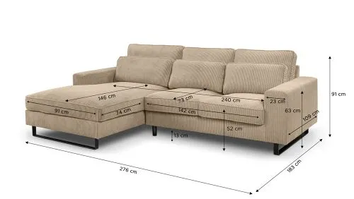 Ecksofa Bolivia links mit Rückenkissen | 276cm | Cord | beige