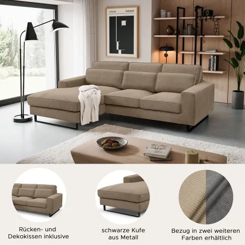 Ecksofa Bolivia links mit Rückenkissen | 276cm | Cord | braun-beige