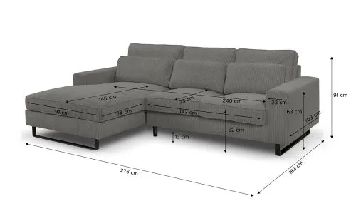 Ecksofa Bolivia links mit Rückenkissen | 276cm | Cord | grau