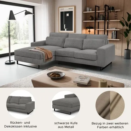 Ecksofa Bolivia links mit Rückenkissen | 276cm | Cord | grau