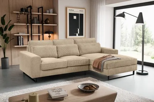 Ecksofa Bolivia rechts mit Rückenkissen | 276cm | Cord | beige