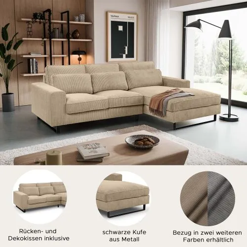 Ecksofa Bolivia rechts mit Rückenkissen | 276cm | Cord | beige
