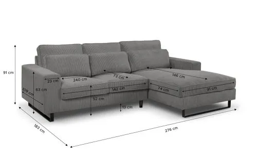 Ecksofa Bolivia rechts mit Rückenkissen | 276cm | Cord | grau