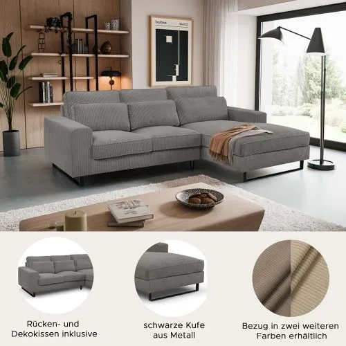Ecksofa Bolivia rechts mit Rückenkissen | 276cm | Cord | grau