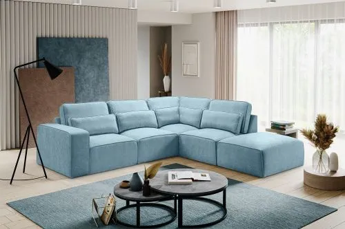 Ecksofa Lux rechts mit Rückenkissen | 305cm | Webstoff | hellblau