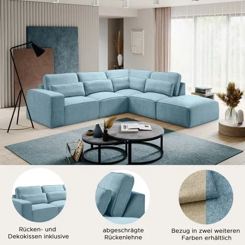 Ecksofa Lux rechts mit Rückenkissen | 305cm | Webstoff | hellblau