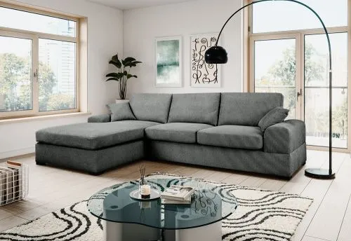 Ecksofa Veda links mit Rückenkissen | 308cm | Strukturstoff | grau
