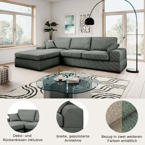 Ecksofa Veda links mit Rückenkissen | 308cm | Strukturstoff | grau