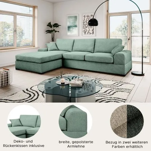 Ecksofa Veda links mit Rückenkissen | 308cm | Strukturstoff | petrol